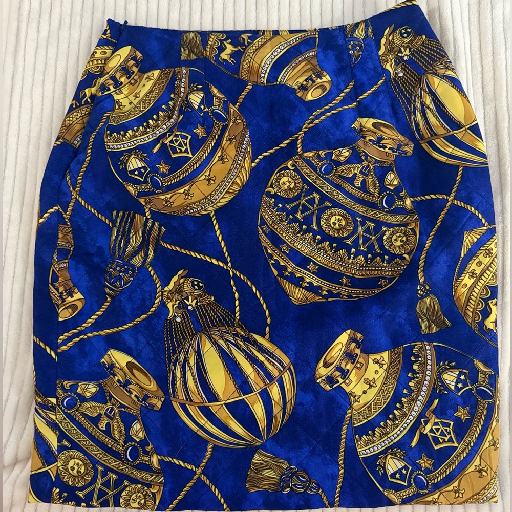 Vintage 90s rare Adrienne Vittadini quilted blue gold baroque pattern skirt - Picture 3 of 3